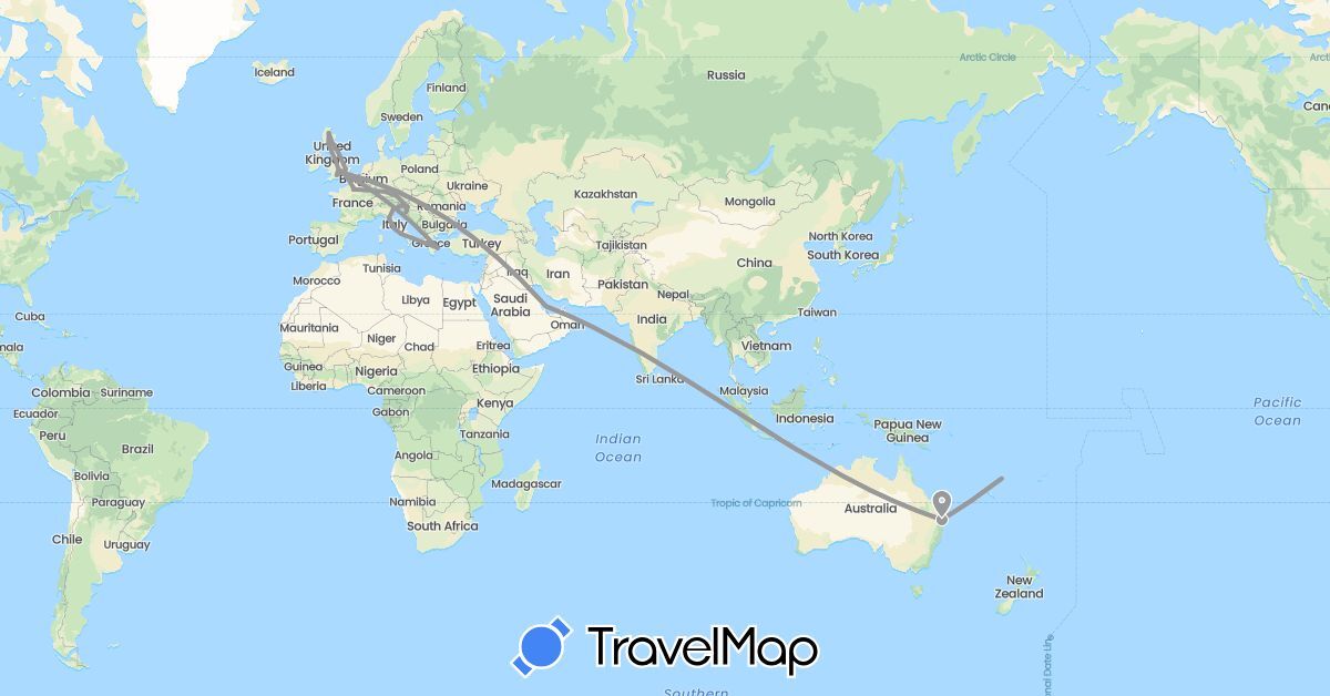 TravelMap itinerary: driving, plane in Austria, Australia, Germany, France, United Kingdom, Greece, Croatia, Italy, Qatar, Slovenia, Vanuatu (Asia, Europe, Oceania)